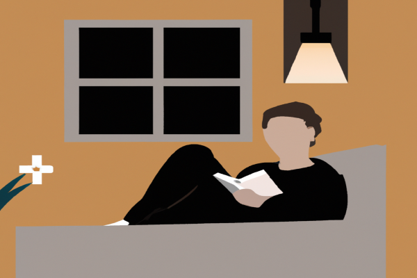 An illustration of a reader enjoying Steve Jobs by Walter Isaacson in a cosy interior