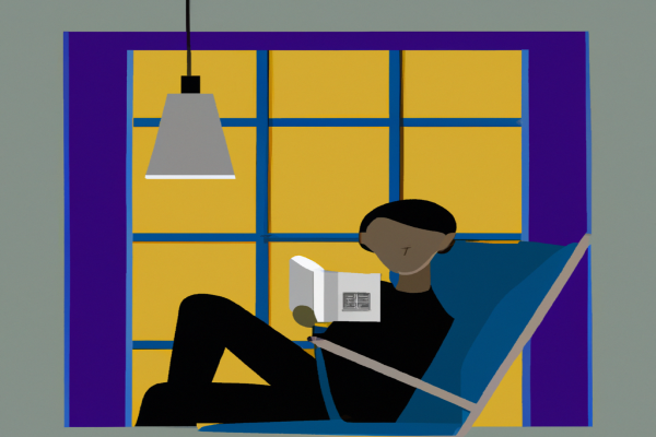 An illustration of a reader enjoying Stiff by Mary Roach in a cosy interior