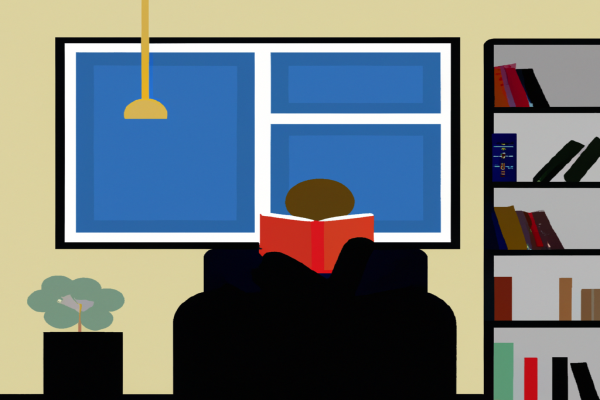 An illustration of a reader enjoying The 4-Hour Workweek by Timothy Ferriss in a cosy interior