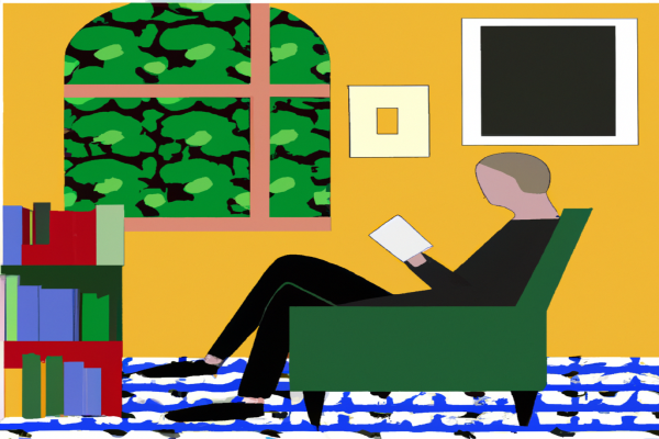 An illustration of a reader enjoying The 80/20 Principle by Richard Koch in a cosy interior