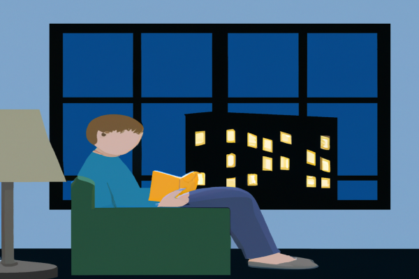 An illustration of a reader enjoying The AMA Handbook of Public Relations by Robert L. Dilenschneider in a cosy interior