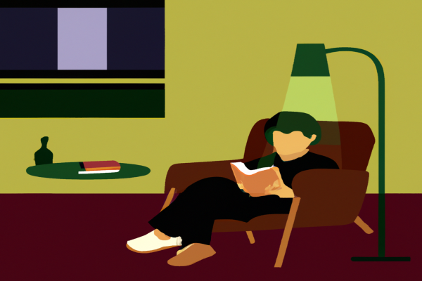 An illustration of a reader enjoying The Black Swan by Nassim Nicholas Taleb in a cosy interior