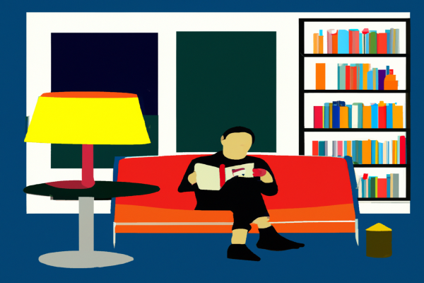 An illustration of a reader enjoying The Blind Watchmaker by Richard Dawkins in a cosy interior