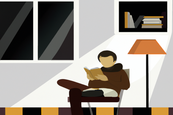 An illustration of a reader enjoying The Body by Bill Bryson in a cosy interior