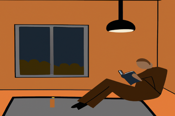 An illustration of a reader enjoying The Catcher in the Rye by J.D. Salinger in a cosy interior