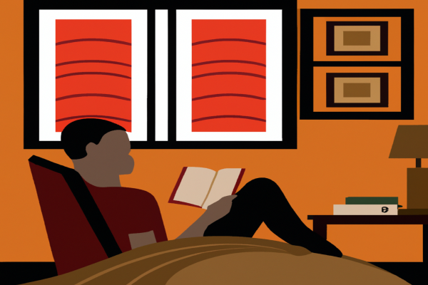 An illustration of a reader enjoying The Early Investor by Michael W. Zisa in a cosy interior