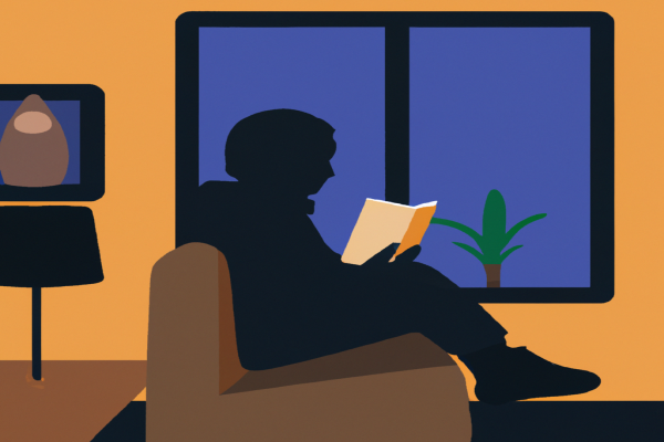 An illustration of a reader enjoying The Effective Executive by Peter F. Drucker in a cosy interior