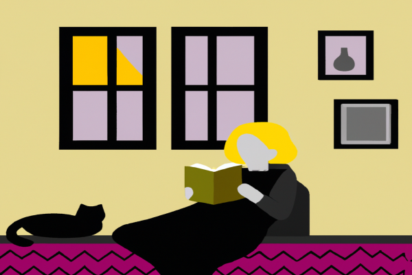 An illustration of a reader enjoying The Effective Executive by Peter F. Drucker in a cosy interior