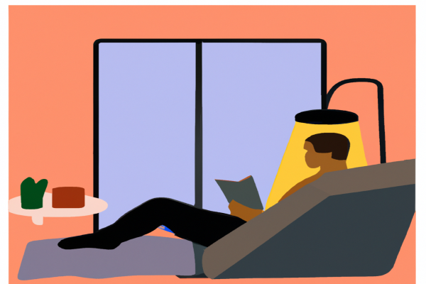 An illustration of a reader enjoying The Four Steps to the Epiphany by Steve Blank in a cosy interior