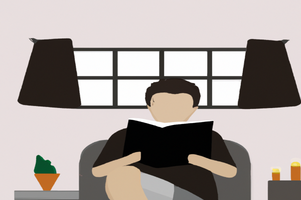 An illustration of a reader enjoying The God Delusion by Richard Dawkins in a cosy interior