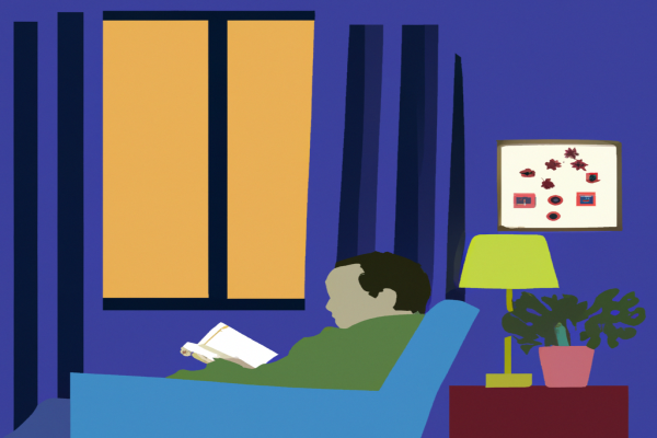 An illustration of a reader enjoying The God Delusion by Richard Dawkins in a cosy interior