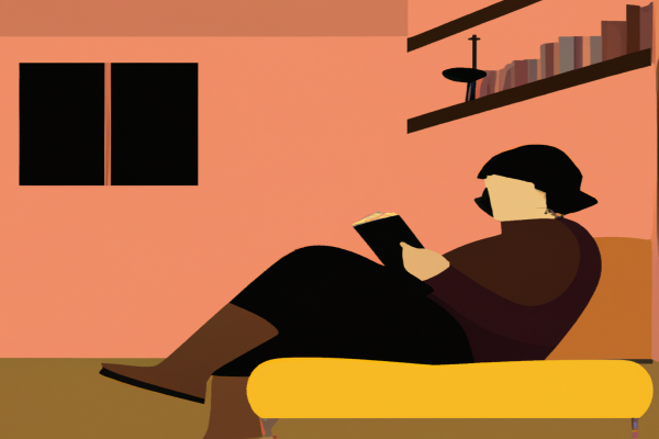 An illustration of a reader enjoying The Good Earth by Pearl S. Buck in a cosy interior
