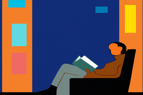 An illustration of a reader enjoying The Great Gatsby by F. Scott Fitzgerald in a cosy interior