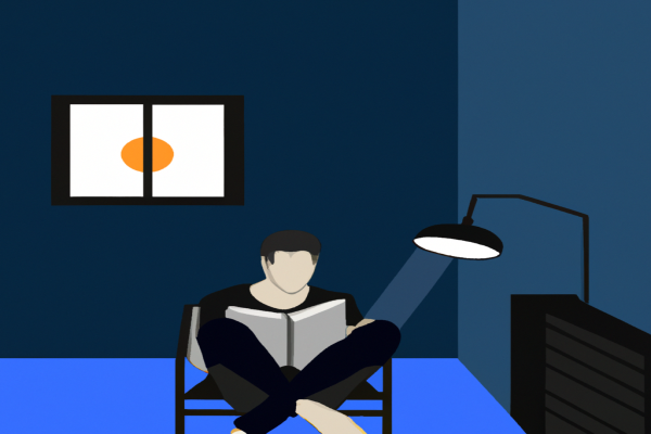 An illustration of a reader enjoying The Hunger Games by Suzanne Collins in a cosy interior