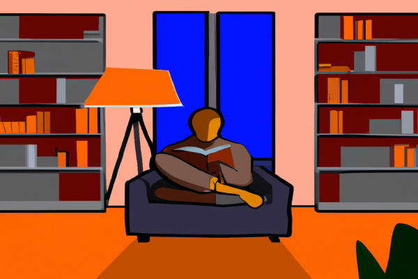 An illustration of a reader enjoying The Lucifer Effect by Philip G. Zimbardo in a cosy interior