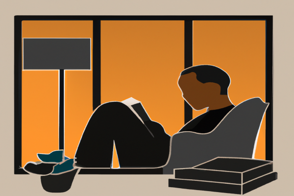 An illustration of a reader enjoying The Merchant of Stories by Dipa Sanatani in a cosy interior