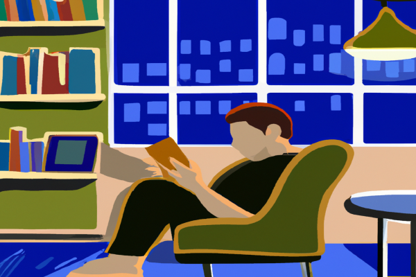 An illustration of a reader enjoying The Now Habit by Neil A. Fiore in a cosy interior