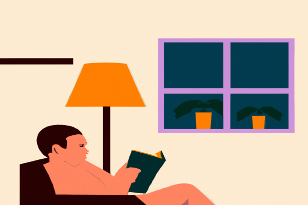 An illustration of a reader enjoying The Organized Mind by Daniel J. Levitin in a cosy interior