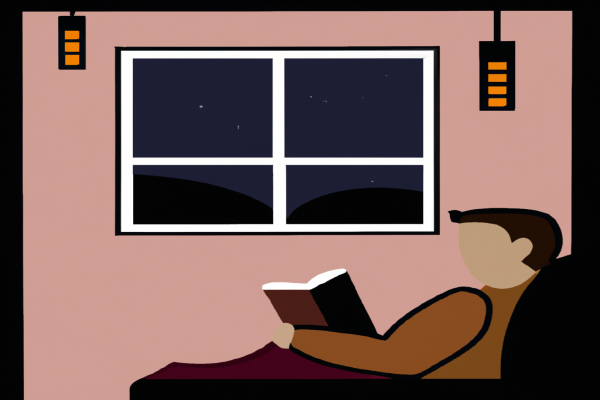 An illustration of a reader enjoying The Road Less Traveled by M. Scott Peck in a cosy interior