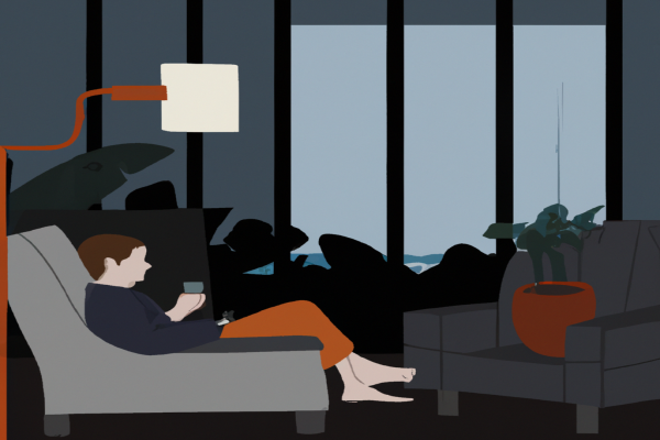 An illustration of a reader enjoying The Sixth Extinction by Elizabeth Kolbert in a cosy interior