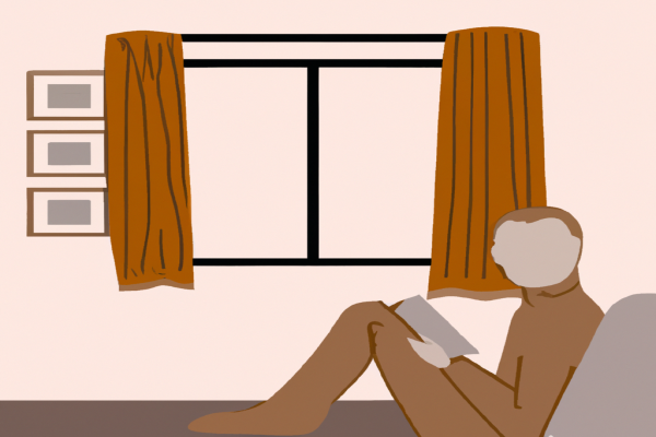 An illustration of a reader enjoying The V Girl by Mya Robarts in a cosy interior