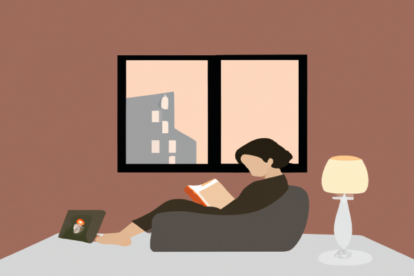 An illustration of a reader enjoying The Wasp Factory by Iain Banks in a cosy interior