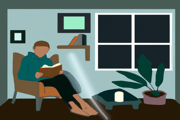 An illustration of a reader enjoying To The Lighthouse by Virginia Woolf in a cosy interior