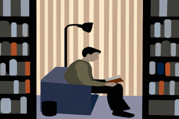 An illustration of a reader enjoying Tools of Titans by Timothy Ferriss in a cosy interior