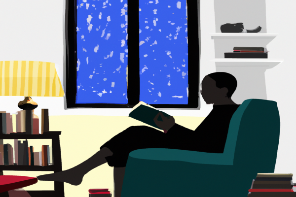 An illustration of a reader enjoying Zen and the Art of Motorcycle Maintenance by Robert M. Pirsig in a cosy interior