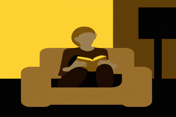 An illustration of a reader enjoying The Big Moo by The Group of 33 in a cosy interior