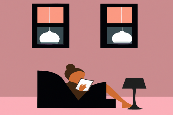 An illustration of a reader enjoying Harry Potter and the Order of the Phoenix by J.K. Rowling in a cosy interior