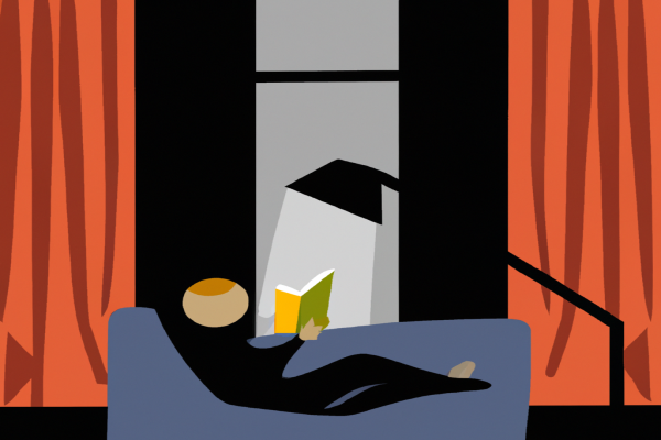 An illustration of a reader enjoying The Story of Edgar Sawtelle by David Wroblewski in a cosy interior