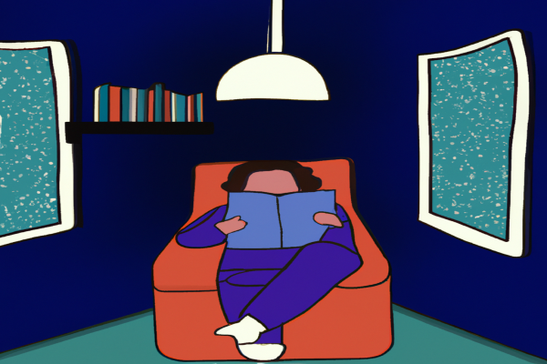 An illustration of a reader enjoying A Man Called Ove by Fredrik Backman in a cosy interior